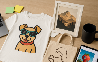 Prodotti personalizzati per il Print on Demand su una scrivania: t-shirt con cane cartoon, poster con paesaggio, tote bag minimalista, tazza nera, laptop e tablet con grafica AI.