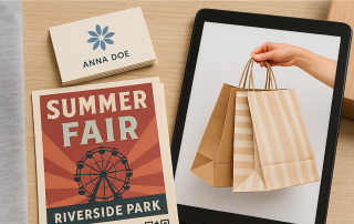 Materiale promozionale per il lancio di uno store: flyer colorato, biglietti da visita e tablet con shopper, simboli di marketing online e offline per vendere prodotti personalizzati.