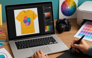 Workspace di un designer con laptop che mostra una maglietta gialla con grafica colorata, affiancato da strumenti di design, campioni Pantone, fotocamera e tablet grafico, simboli del processo creativo del Print on Demand