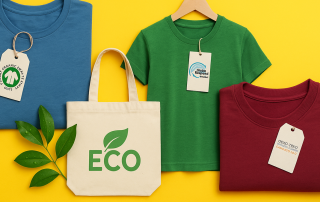 T-shirt ecologiche Stanley Stella con etichette GOTS, GRS e OEKO-TEX su sfondo colorato, accanto a una shopper in cotone bio e foglie verdi a simbolo della sostenibilità.