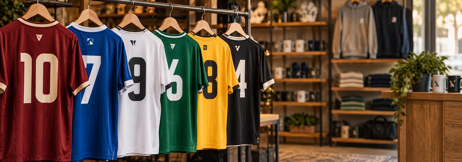 Maglie da calcio personalizzate appese in un negozio di merchandising sportivo